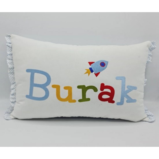 Kişiye Özel Nakışlı Roket Desenli Doğum Yastığı Beyaz 30x45 cm